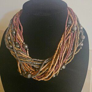 Vintage Boho Multi-Strand Seed Beaded Choker Necklace Brown Earth Tones